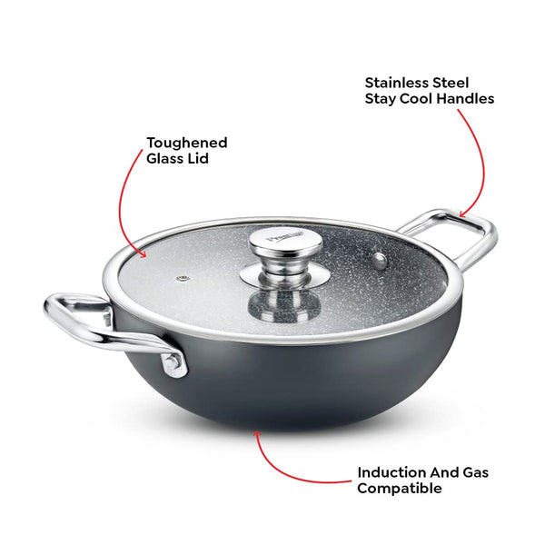 Prestige Durastone Hard Anodised Non-Stick deep Kadai with Glass lid|6 Layers Extra Durable Stone Finish|Gas & Induction Compatible