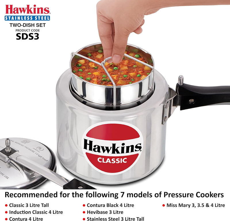 Hawkins Two-Dish Stainless Steel Set, Cooker Separator, Pressure Cooker Pots, Silver (SDS3), 1.275 liters