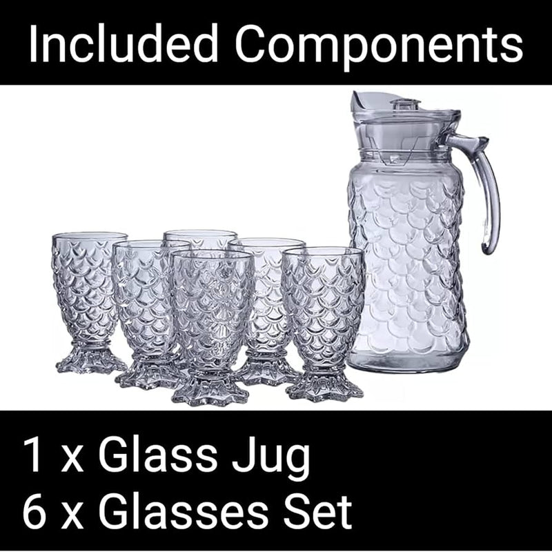 Crystal serving glass jug with lid and 6 glasses