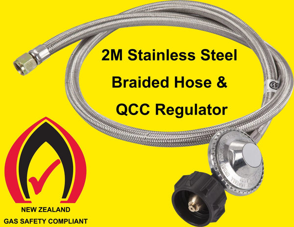 LPG QCC Gas Regulator with 2m Stainless Steel Braided Hose 1/4" Swivel Nut