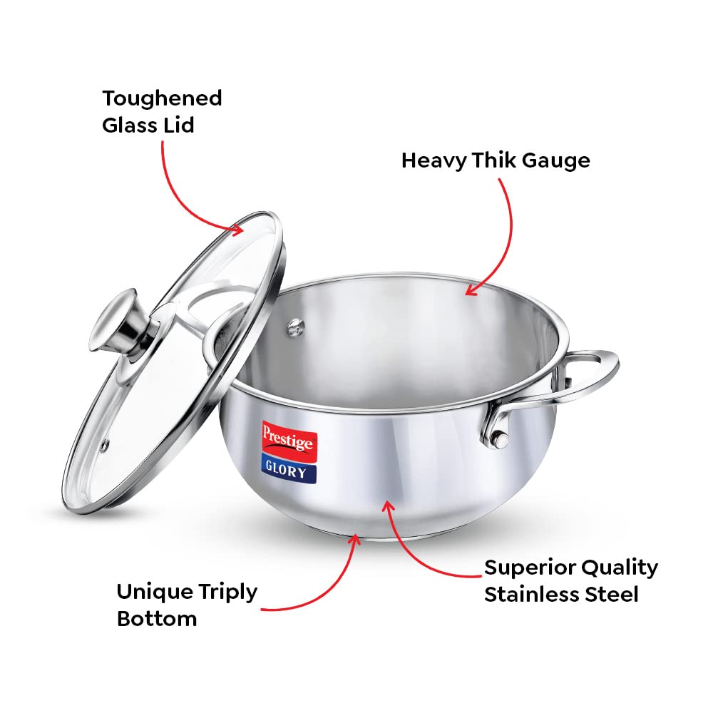 Prestige Glory Stainless Steel Cookware Kadai 22 Cm / 3.5 Liter with G ...
