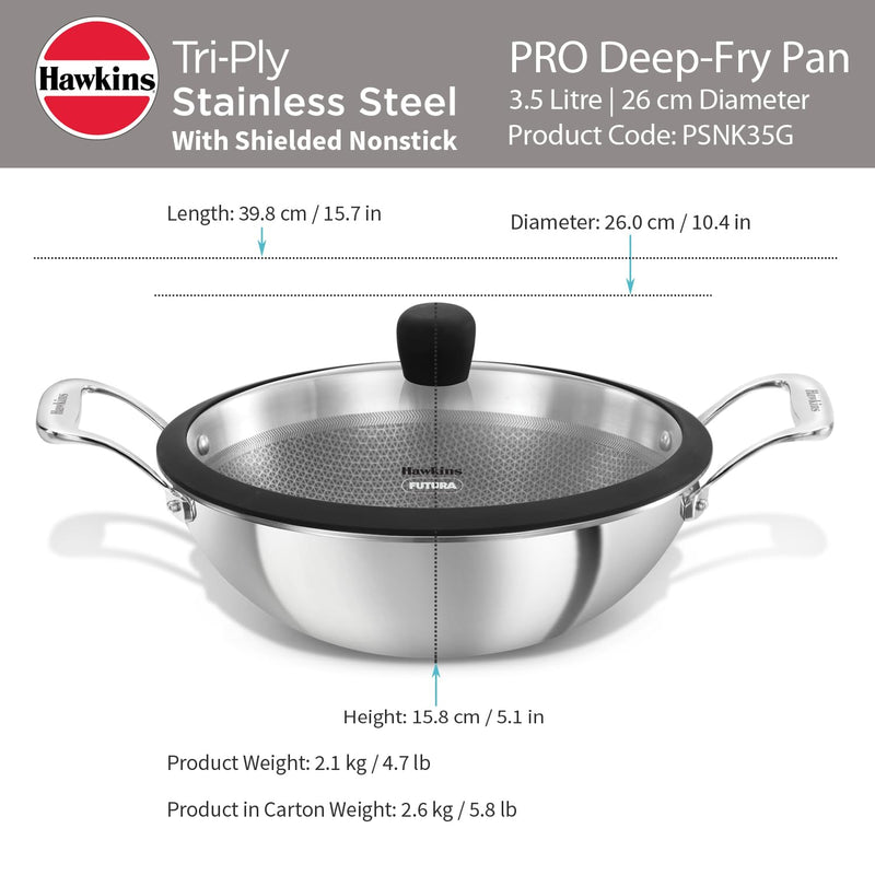 Hawkins Pro 3.5 Litre Shielded Nonstick Triply Deep-Fry Pan, Kadhai with Stainless Steel Handles and Glass Lid, Silver (PSNK35G)