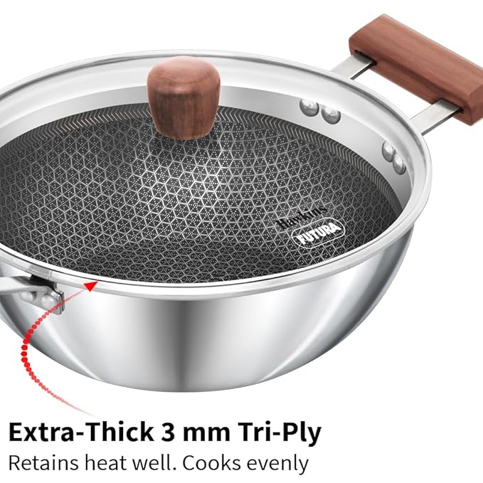 Hawkins 2.5 Litre Deep Kadhai, Triply Stainless Steel Shielded Nonstick Deep-Fry Pan with Rosewood Handle, Honeycomb Non Stick Induction Kadai, Silver (NSDK25G)