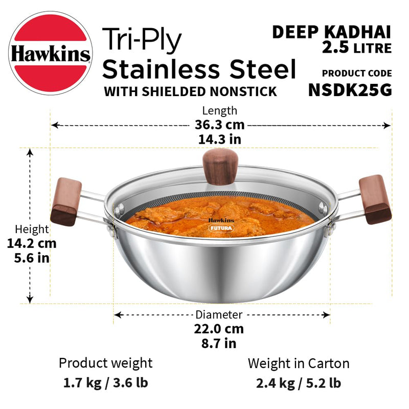 Hawkins 2.5 Litre Deep Kadhai, Triply Stainless Steel Shielded Nonstick Deep-Fry Pan with Rosewood Handle, Honeycomb Non Stick Induction Kadai, Silver (NSDK25G)
