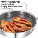 Hawkins 22 cm Frying Pan with Glass Lid, Triply Stainless Steel Shielded Nonstick Fry Pan with Rosewood Handle, Honeycomb, Induction, Silver (NSF22G)