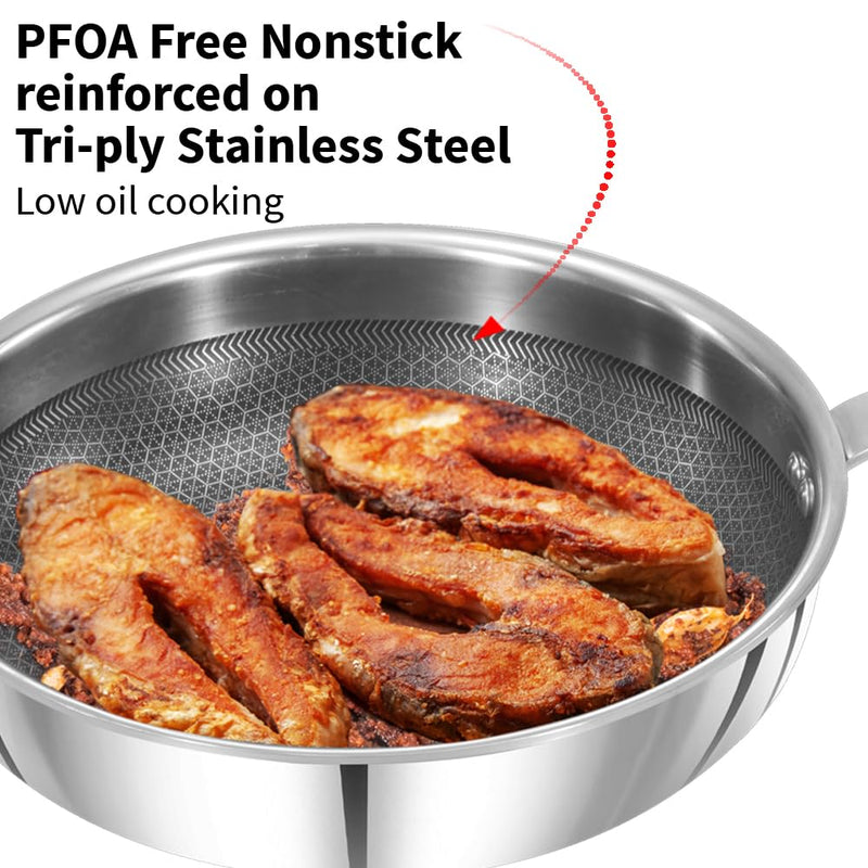 Hawkins 22 cm Frying Pan with Glass Lid, Triply Stainless Steel Shielded Nonstick Fry Pan with Rosewood Handle, Honeycomb, Induction, Silver (NSF22G)