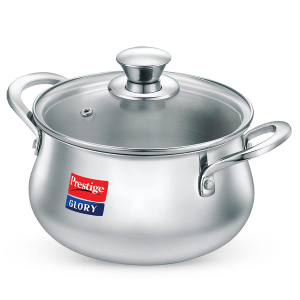 Prestige Glory Stainless Steel Handi(18cm,3L) with Glass Lid|Unique tri-ply Bottom|Oven (OTG Safe)