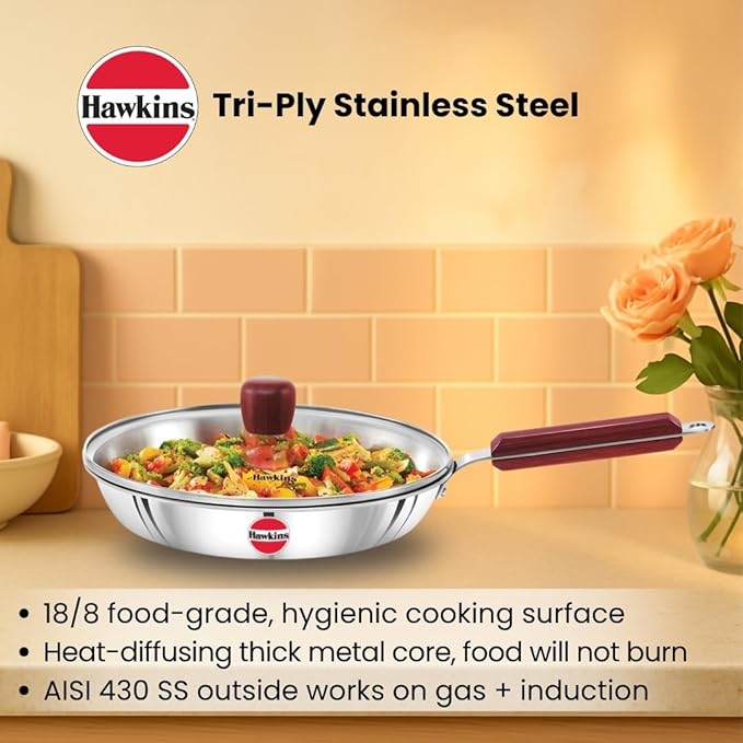 Hawkins 24 cm Frying Pan, Triply Stainless Steel Fry Pan with Glass Lid, Induction Frying Pan, Frypan, Silver (SSF24G)