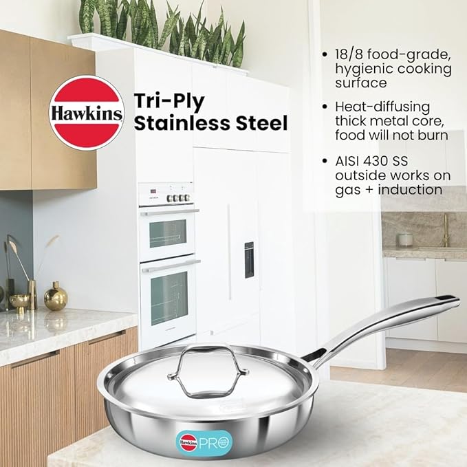 Hawkins Pro 22 cm Frying Pan, Triply Stainless Steel Fry Pan with Stainless Steel Handle and Stainless Steel Lid, Silver (PSF22S)