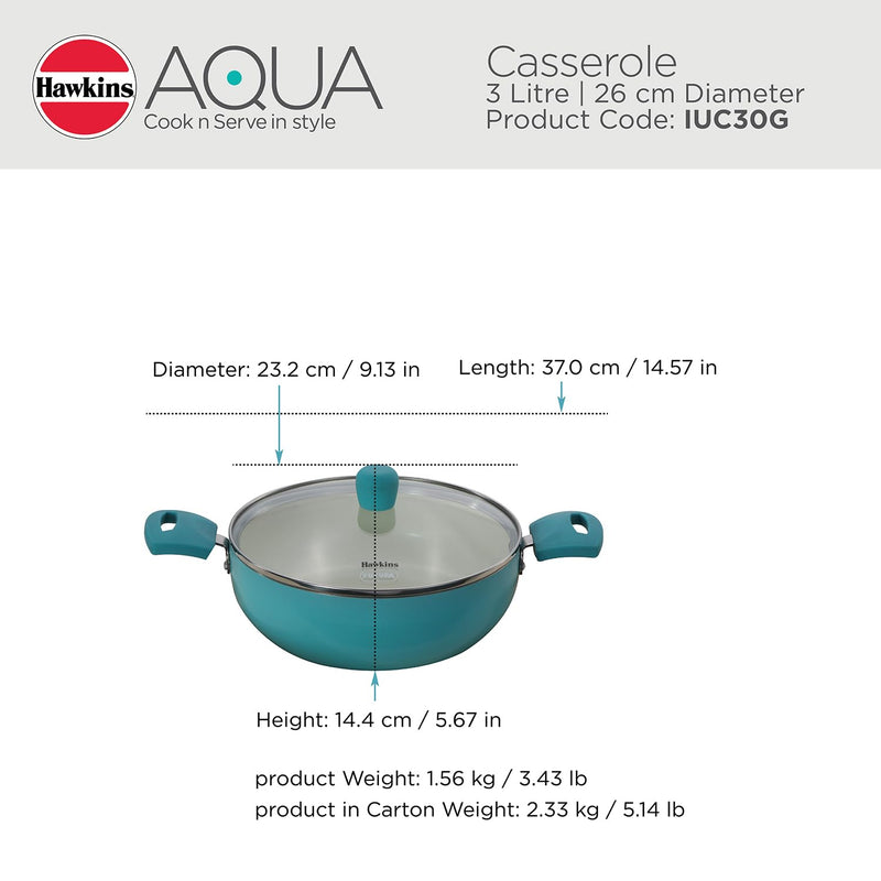 Hawkins 3 Litre Cook n Serve Casserole, Aqua Casserole with Glass Lid, Aqua Blue (IUC30G)
