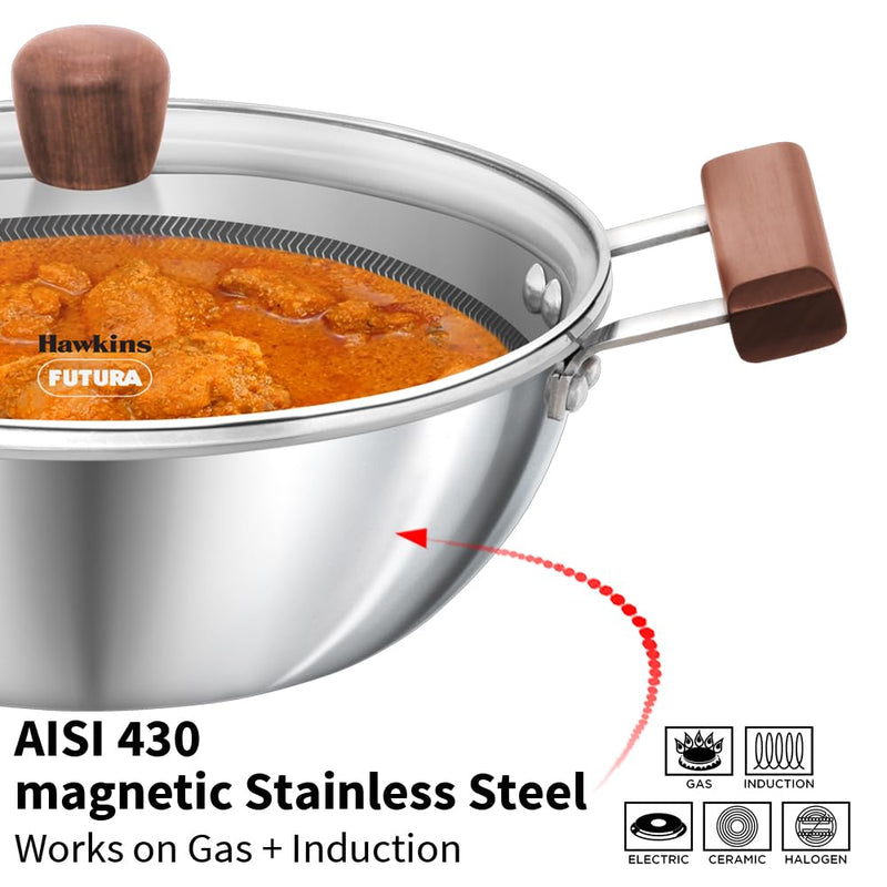 Hawkins 2.5 Litre Deep Kadhai, Triply Stainless Steel Shielded Nonstick Deep-Fry Pan with Rosewood Handle, Honeycomb Non Stick Induction Kadai, Silver (NSDK25G)