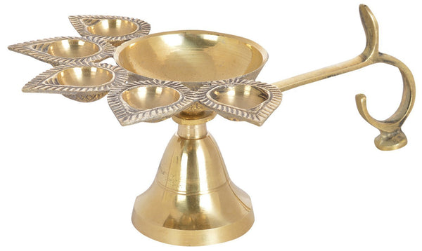 Brass Diya with stand and handle panchmukhi 2 sizes