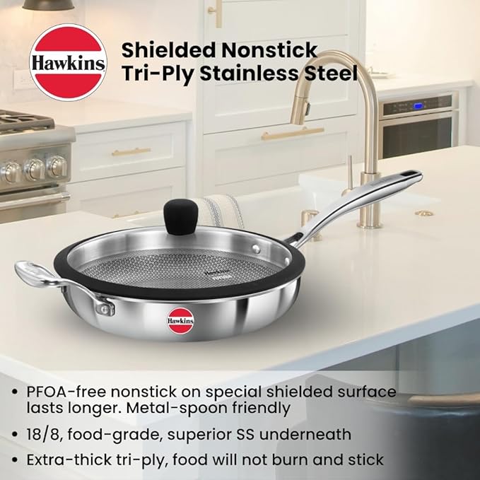 Hawkins Pro 26 cm Shielded Nonstick Triply Frying Pan, Fry Pan with Stainless Steel Handle and Glass Lid, Silver (PSNF26G)