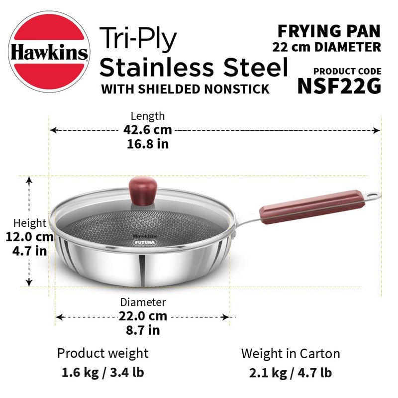Hawkins 22 cm Frying Pan with Glass Lid, Triply Stainless Steel Shielded Nonstick Fry Pan with Rosewood Handle, Honeycomb, Induction, Silver (NSF22G)