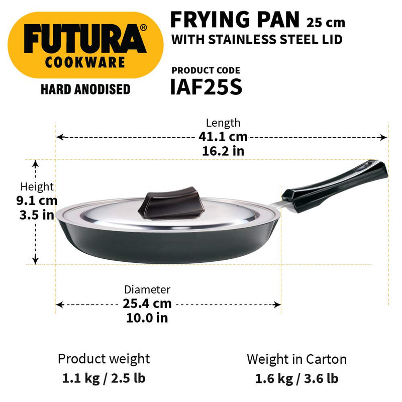 Hawkins Futura 25 cm Frying Pan, Hard Anodised Fry Pan with Stainless Steel Lid, Induction Frying Pan, Black (IAF25S)