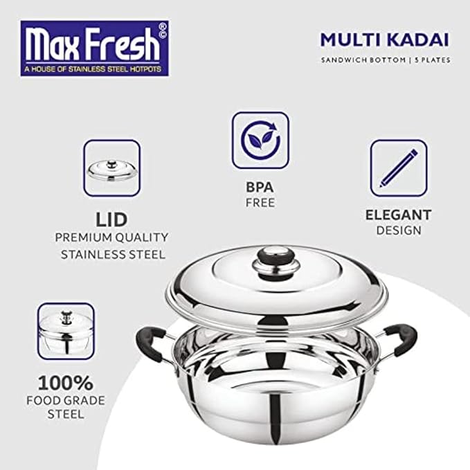 Maxfresh Stainless Steel Dhamaka Multi Kadai with Sandwich Bottom with 5 Plates in 1