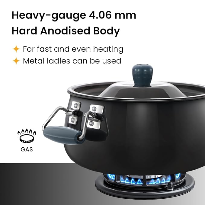 Hawkins Aluminium Futura 8 Litre Bigboy Polished Biryani Handi, Hard Anodised Pot with Hard Anodised Lid, Sauce Pan for Cooking and Serving Biriyani, Black (ABH8)