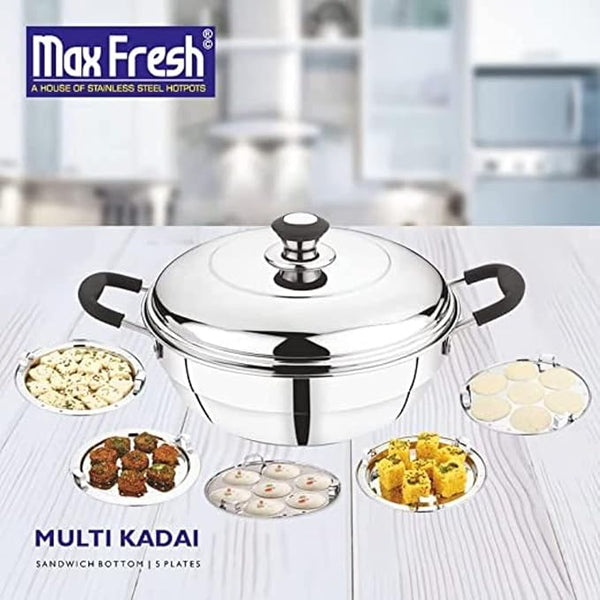 Maxfresh Stainless Steel Dhamaka Multi Kadai with Sandwich Bottom with 5 Plates in 1