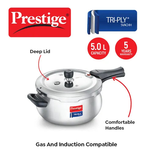 Prestige Svachh Triply Steel Handi Outer Lid Pressure Cooker with Unique Deep Lid for Spillage Control, 3 and 5 Litre (2 Sizes)