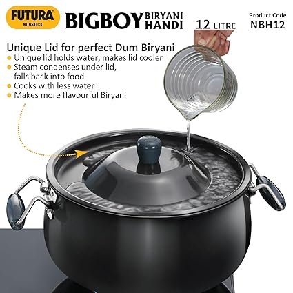 Hawkins Futura 12 Litre BigBoy Biryani Handi, Non Stick Pot with Hard Anodised Lid, Sauce Pan for Cooking and Serving Biriyani, Black (NBH12)