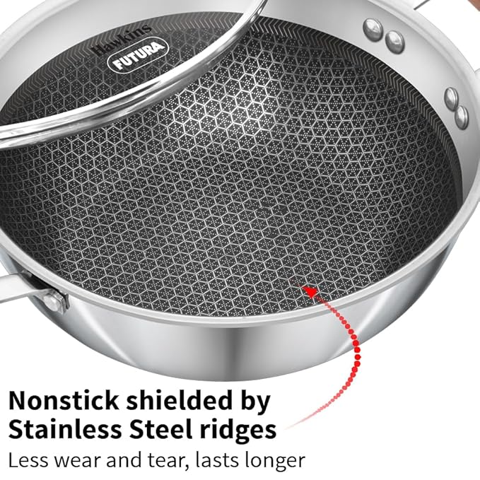 Hawkins 2.5 Litre Deep Kadhai, Triply Stainless Steel Shielded Nonstick Deep-Fry Pan with Rosewood Handle, Honeycomb Non Stick Induction Kadai, Silver (NSDK25G)