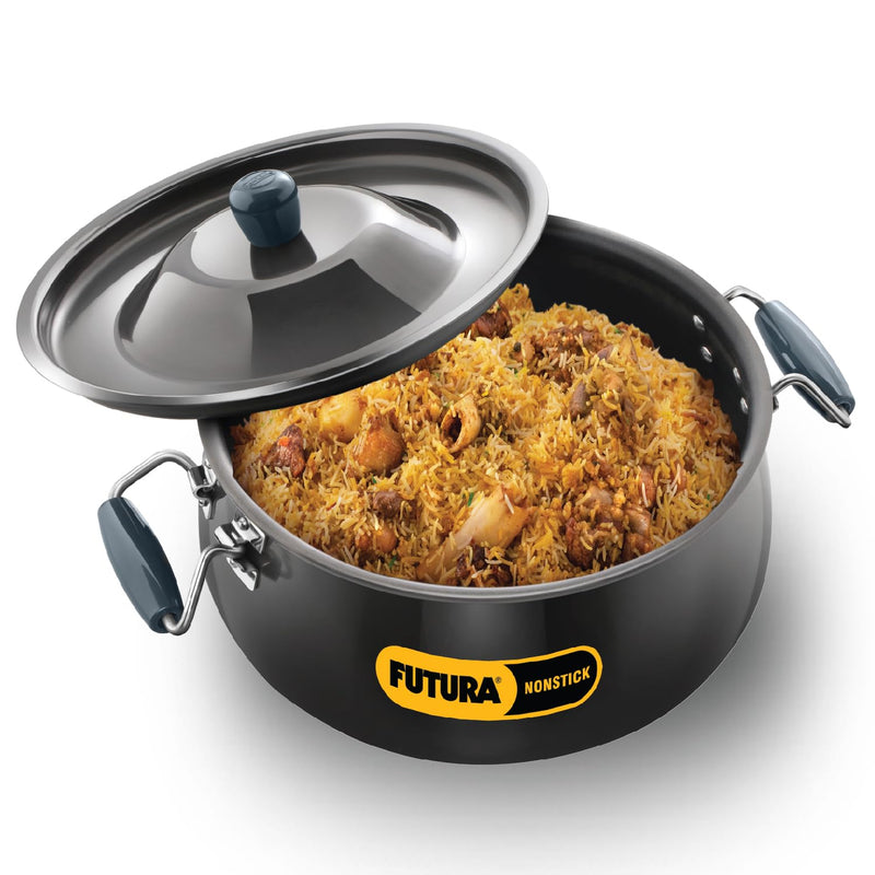 Hawkins Futura 12 Litre BigBoy Biryani Handi, Non Stick Pot with Hard Anodised Lid, Sauce Pan for Cooking and Serving Biriyani, Black (NBH12)