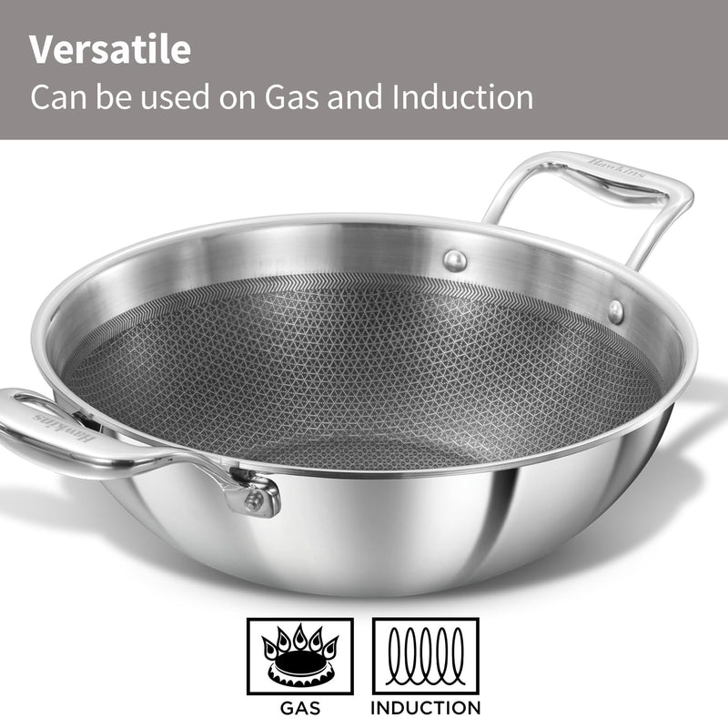 Hawkins Pro 3.5 Litre Shielded Nonstick Triply Deep-Fry Pan, Kadhai with Stainless Steel Handles and Glass Lid, Silver (PSNK35G)