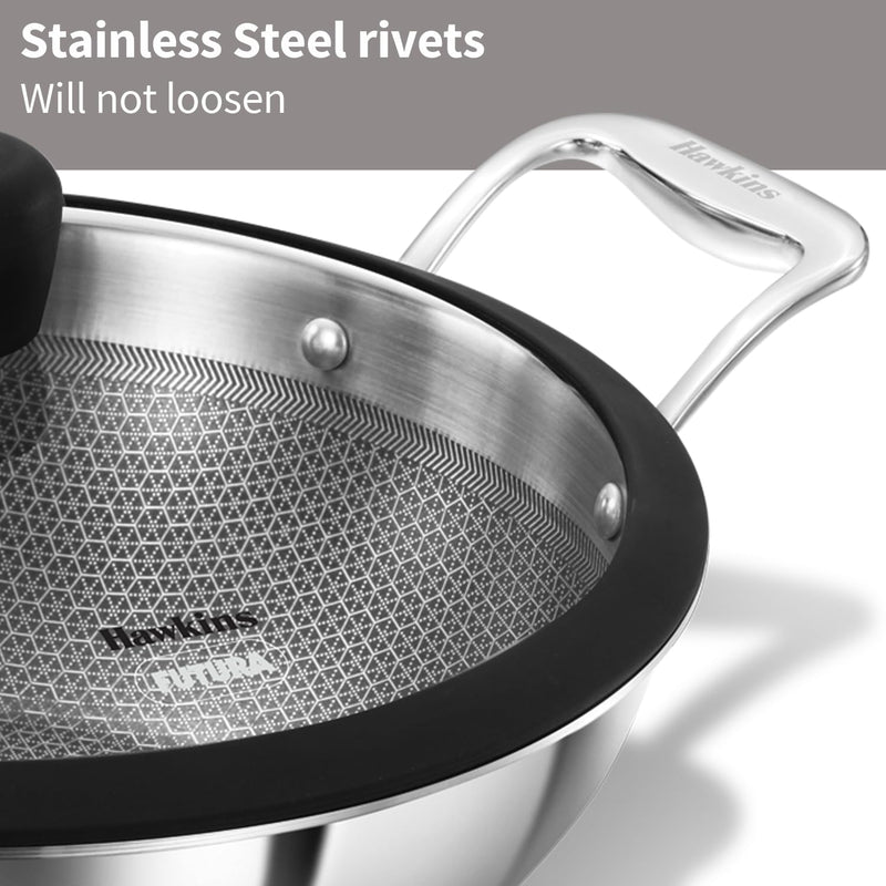 Hawkins Pro 3.5 Litre Shielded Nonstick Triply Deep-Fry Pan, Kadhai with Stainless Steel Handles and Glass Lid, Silver (PSNK35G)