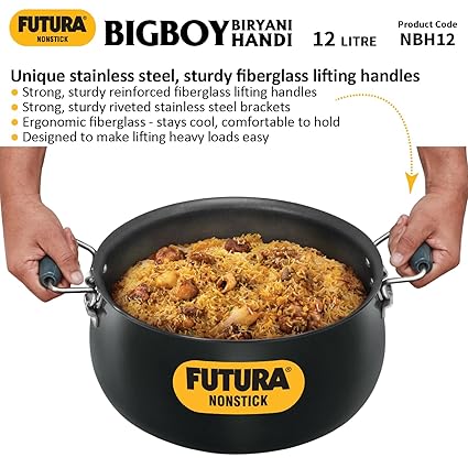 Hawkins Futura 12 Litre BigBoy Biryani Handi, Non Stick Pot with Hard Anodised Lid, Sauce Pan for Cooking and Serving Biriyani, Black (NBH12)