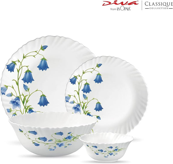 La Opala Blue Bells Classique Collection Opalware Dinner Set, 35 & 45 Pieces