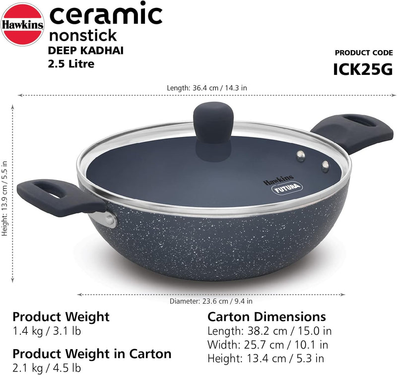 Hawkins Ceramic Nonstick 3.5,5 Litre Deep Kadhai, Induction Deep Fry Pan with Glass Lid, Granite Kadai (ICK35G)(ICK50G)