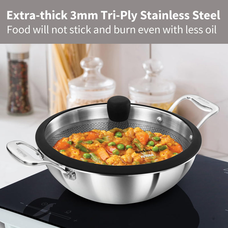 Hawkins Pro 3.5 Litre Shielded Nonstick Triply Deep-Fry Pan, Kadhai with Stainless Steel Handles and Glass Lid, Silver (PSNK35G)