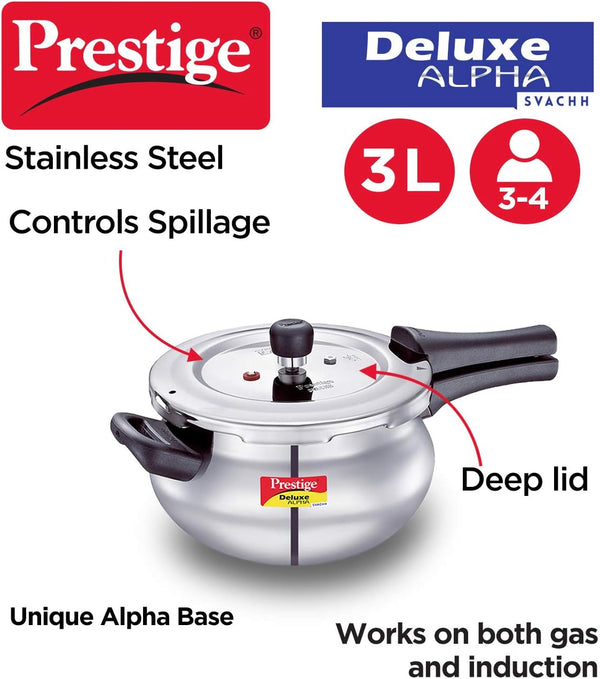 Prestige Alpha Deluxe Induction Base Stainless Steel Pressure Cooker, 2 litre, 3Litre,4Litre