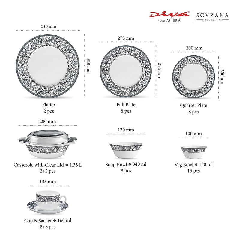La Opala Diva, Sovrana Collection, Opal Glass Dinner Set 62 pcs, Persian Grey