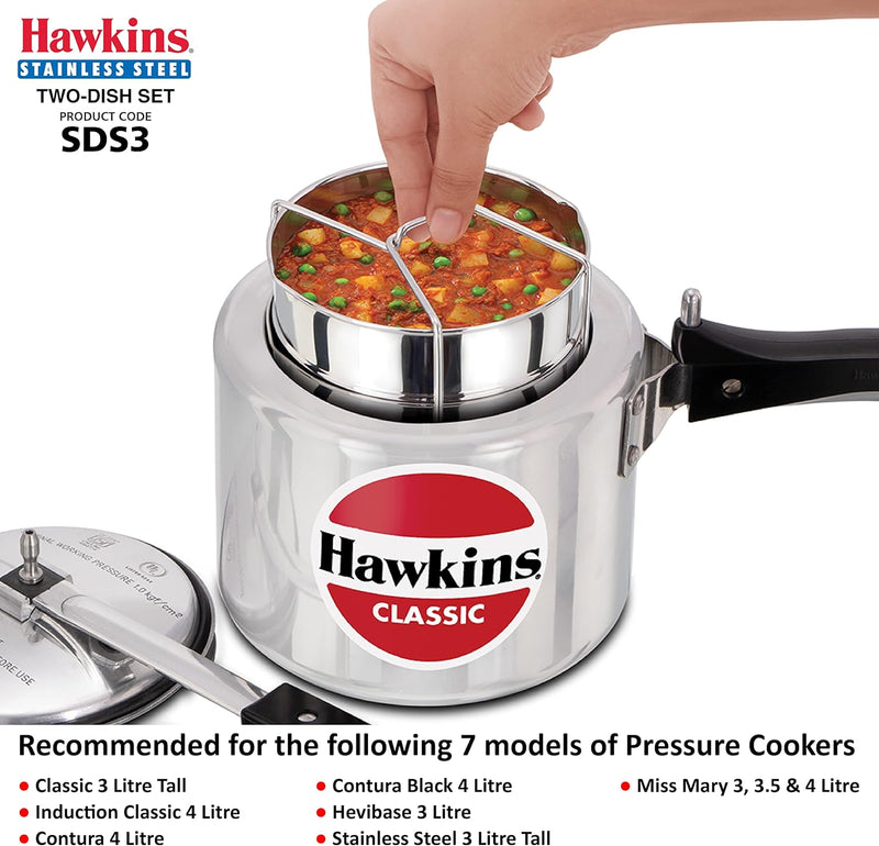 Hawkins Two-Dish Stainless Steel Set, Cooker Separator, Pressure Cooker Pots, Silver (SDS3), 1.275 liters