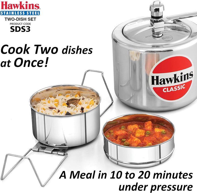 Hawkins Two-Dish Stainless Steel Set, Cooker Separator, Pressure Cooker Pots, Silver (SDS3), 1.275 liters