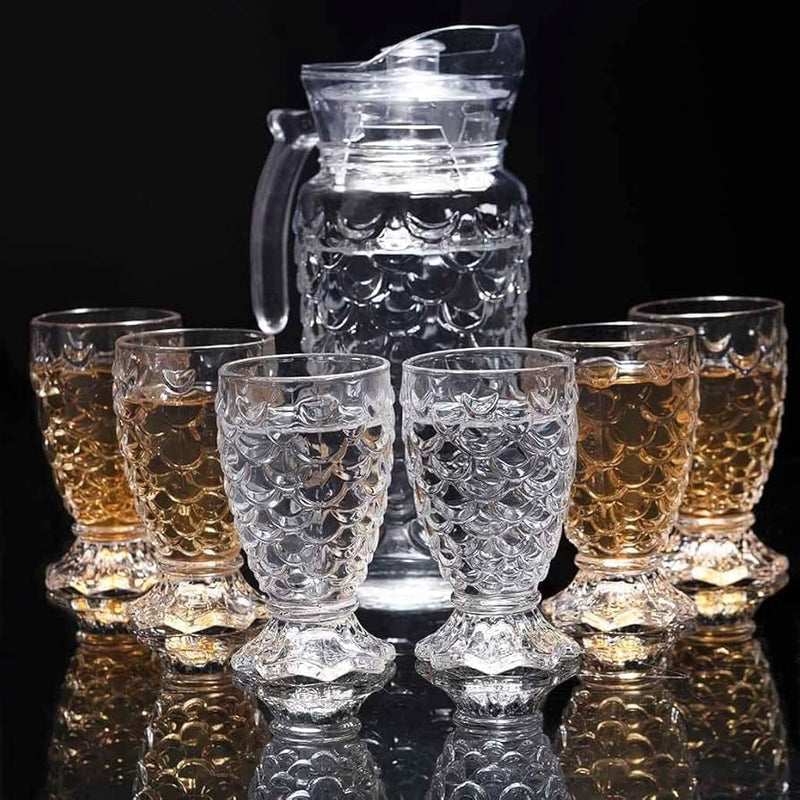 Crystal serving glass jug with lid and 6 glasses
