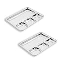A 4 part stainless steel dosa plate with deep divided compartments, polished and shiny finish.