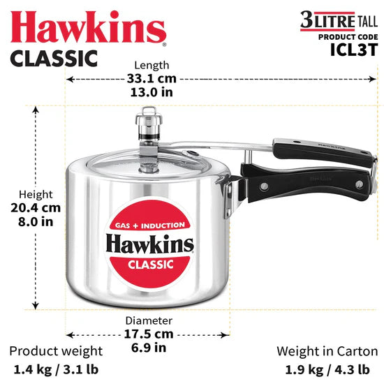 Hawkins Classic Aluminum Pressure Cooker, 3 Litre, Silver Tall CODE: ICL3T Induction base