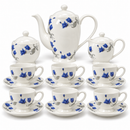 Blue floral 18-piece tea kettle set for six with cups, saucers and three lidded serving pieces