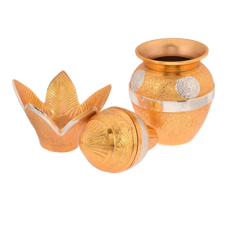 Silver and Gold Plated Pooja Kalash with Coconut and Leaves with Royal Velvet Box 3 PCS