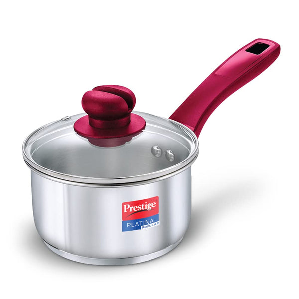 Prestige Platina Induction Base Stainless Steel Sauce Pan/ milk pan, 160mm/1.5 litres red