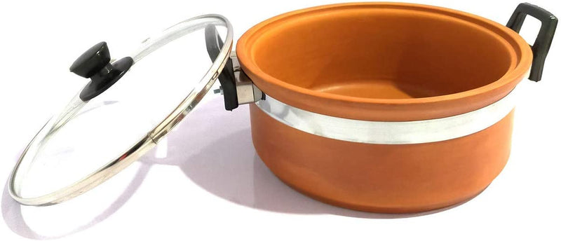 Natural Mud Clay Donga-1Pc, with Handle and Glass Lid Terracotta Clay Pot