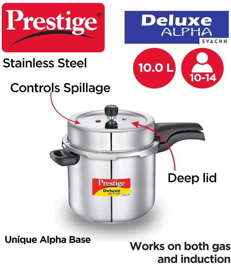 Prestige Stainless steel Deluxe Alpha PRESSURE COOKER, 10 Litres (Svachh) - The Kitchen Warehouse