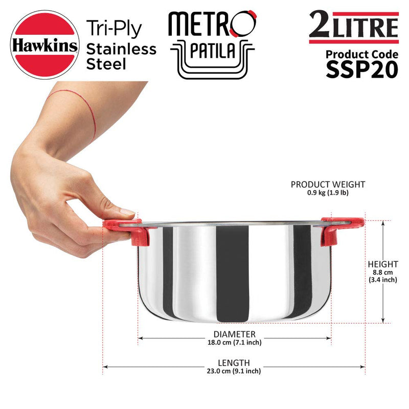 HAWKINS Tri-Ply Stainless Steel Induction Compatible Metro Patila, 2 Litre (SSP20)