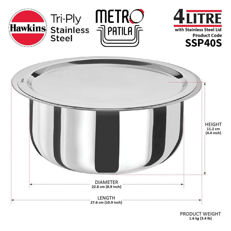 Hawkins 4 Litre Metro Patila, Triply Stainless Steel Tope with Stainless Steel Lid, Induction base (SSP40S)