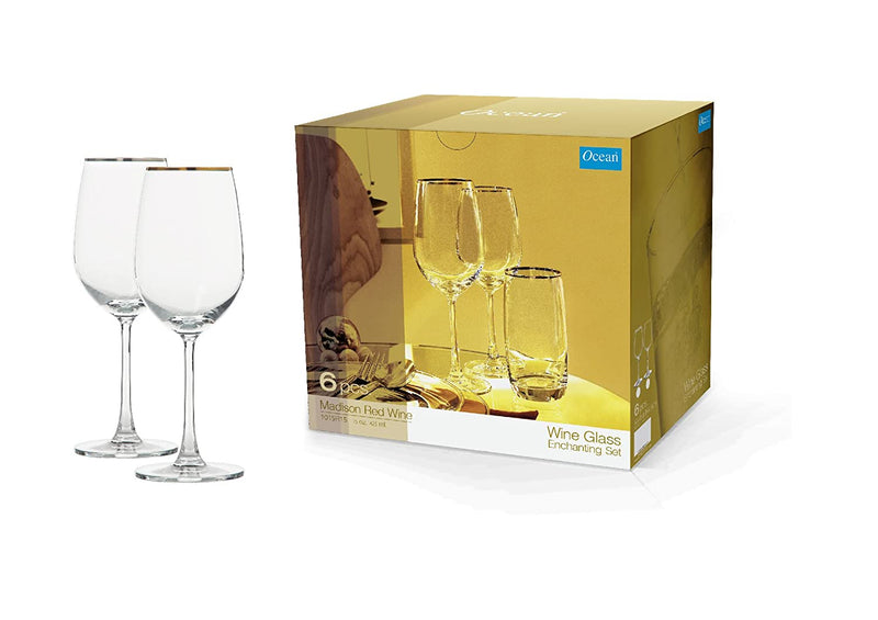 Ocean Madison Red Wine Glass Platinum Band Glass, Set of 6, 425ml, Transparent - The Kitchen Warehouse