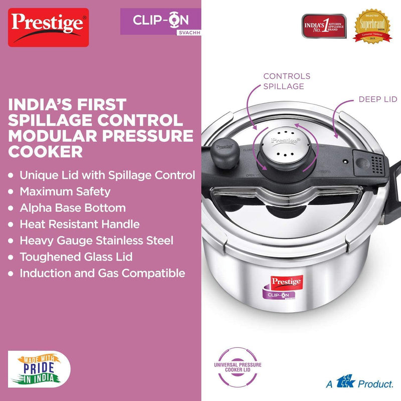 Prestige Svachh Clip-on 5 Litre Stainless Steel Pressure cooker, silver - The Kitchen Warehouse