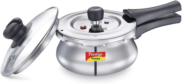 Prestige Deluxe Alpha Swachh Stainless Steel Pressure Handi with Glass Lid, 1.5 Litres, Silver - The Kitchen Warehouse