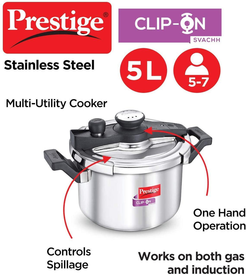 Prestige Svachh Clip-on 5 Litre Stainless Steel Pressure cooker, silver - The Kitchen Warehouse